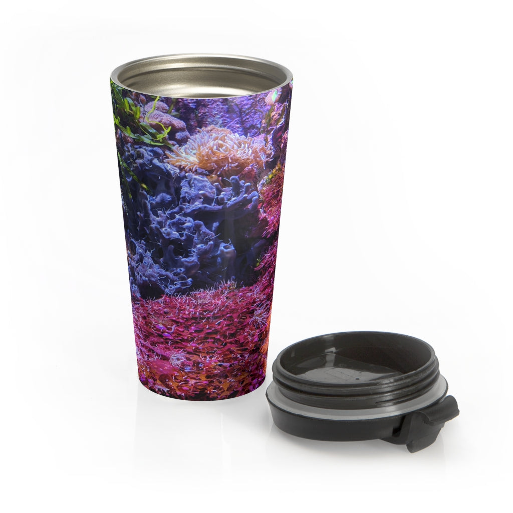 Aquarium Stainless Steel Travel Mug with black lid and vibrant design, perfect for coffee and tea lovers.