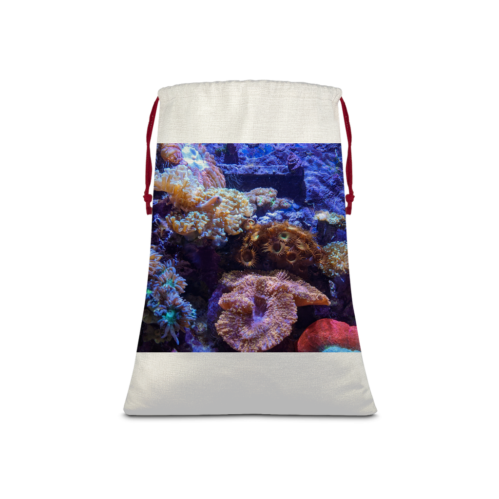 Aquarium Sublimation Linen Drawstring Sack with red drawstring, featuring vibrant eco-friendly print, perfect for Christmas gifts and laundry.