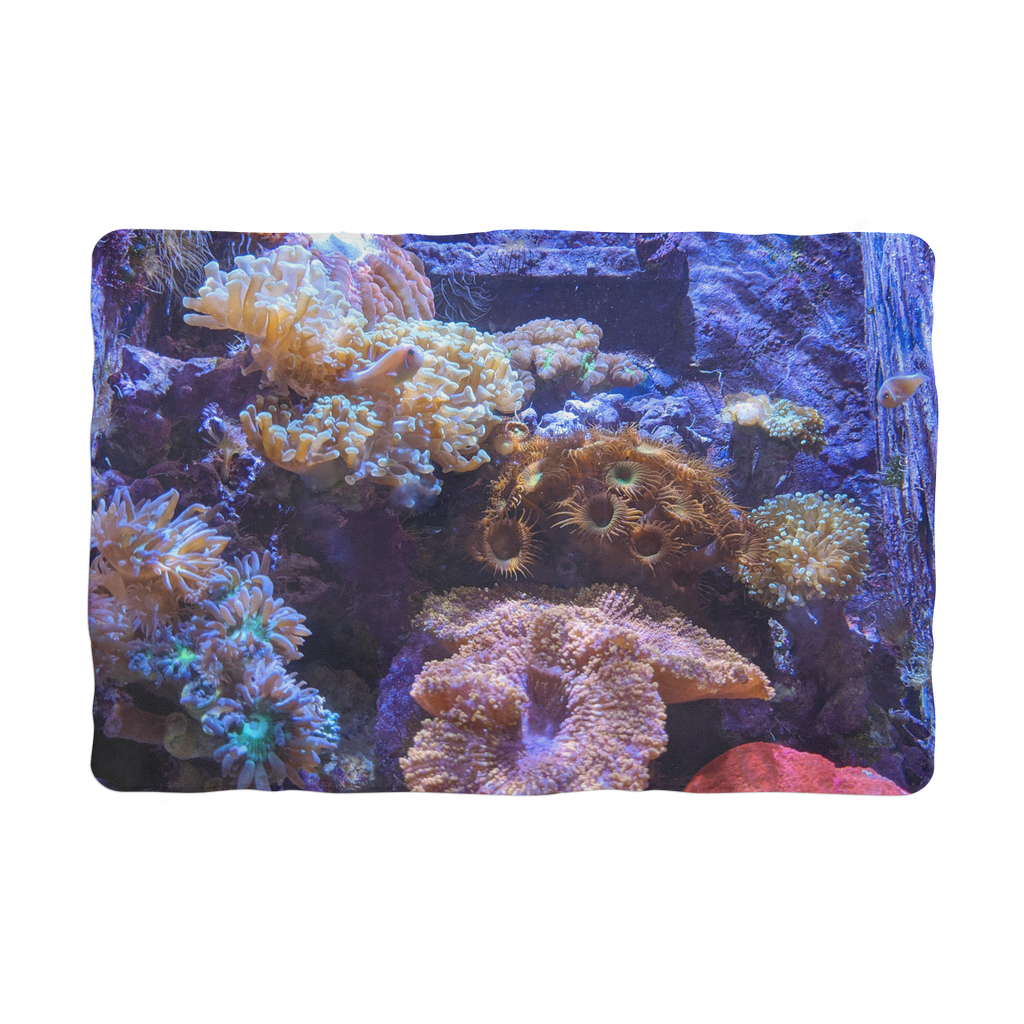 Aquarium Sublimation Pet Blanket made of 100% polyester polar fleece, featuring a vibrant aquarium print and a white back.