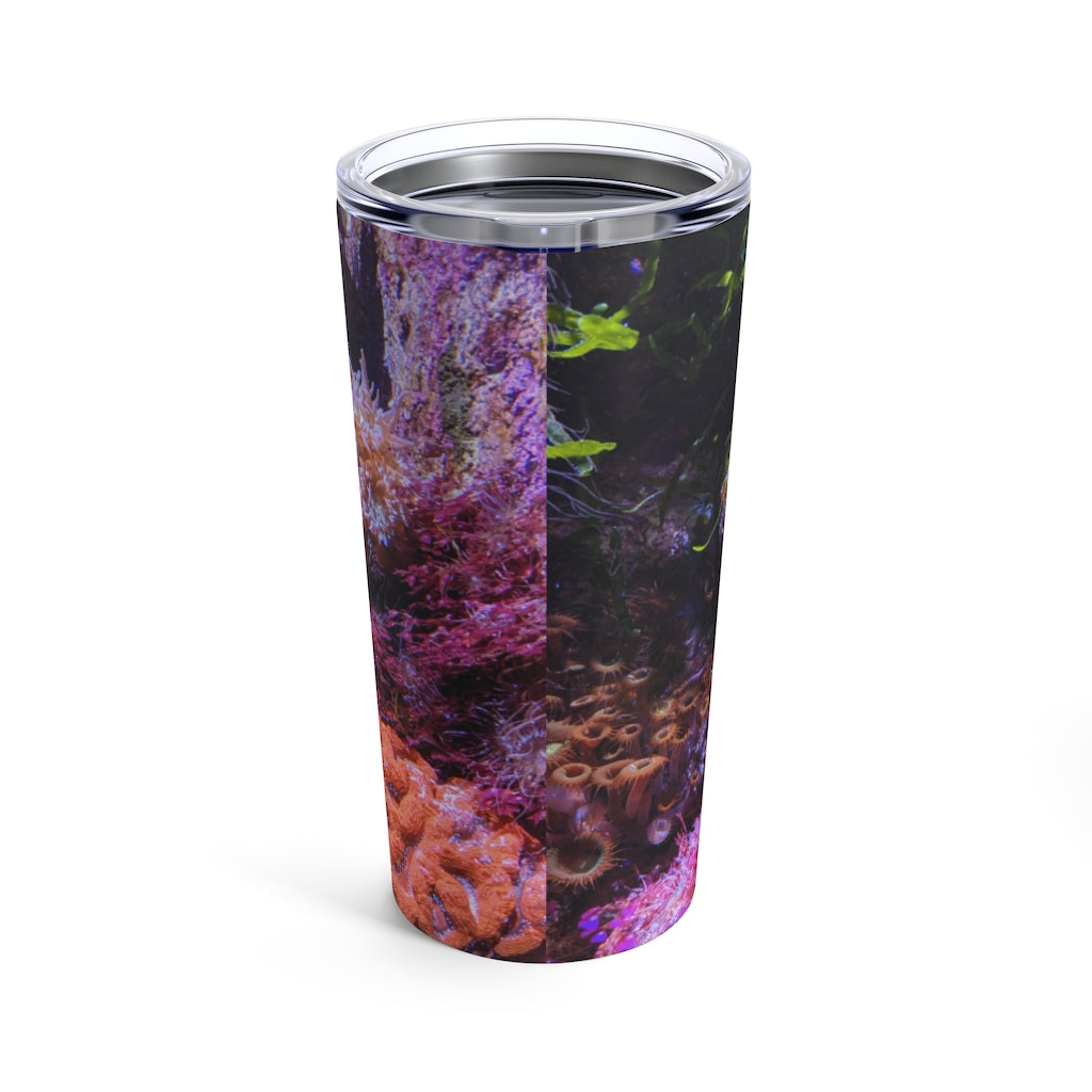 20oz stainless steel Aquarium Tumbler with a see-thru plastic lid, showcasing a sleek design and rounded corners.