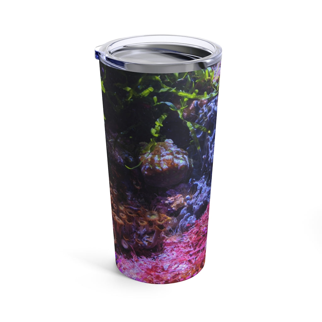 20oz stainless steel Aquarium Tumbler with a see-thru plastic lid, showcasing a sleek design and rounded corners.