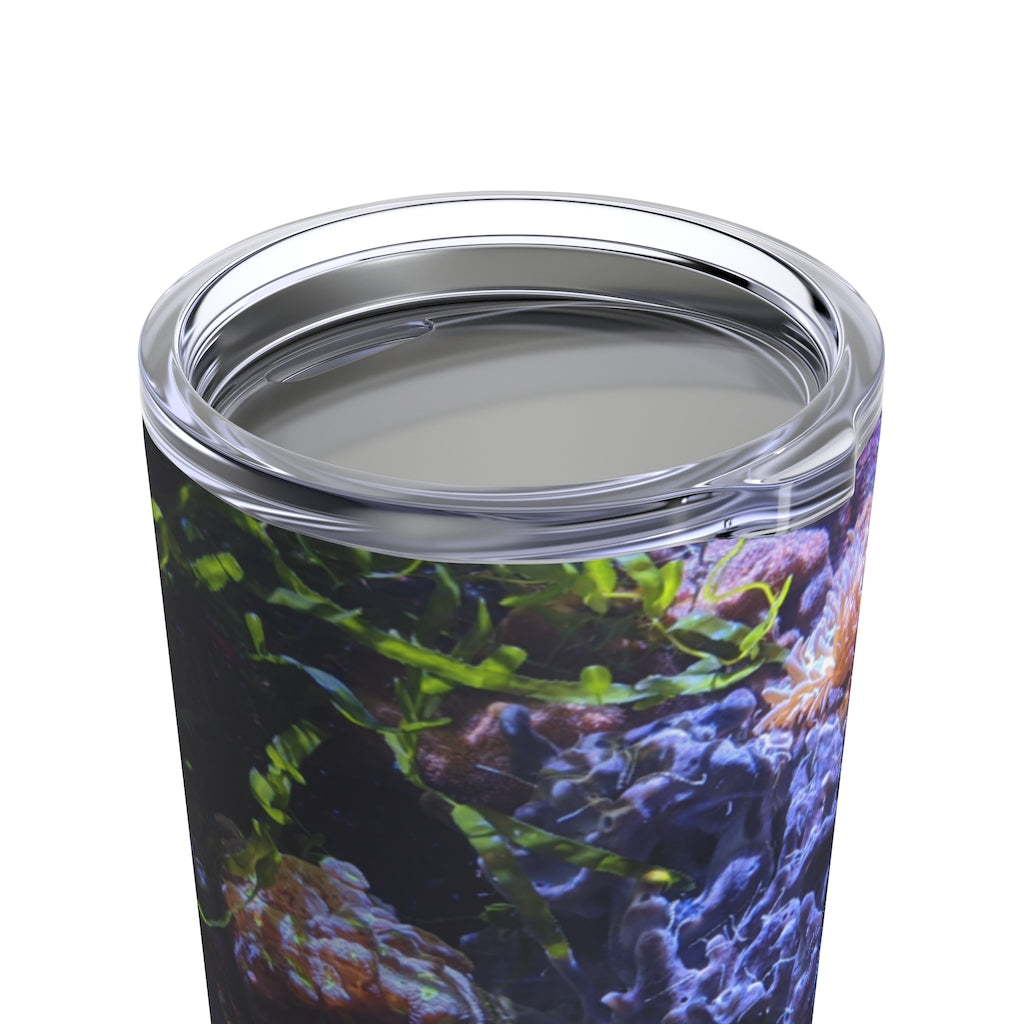 20oz stainless steel Aquarium Tumbler with a see-thru plastic lid, showcasing a sleek design and rounded corners.