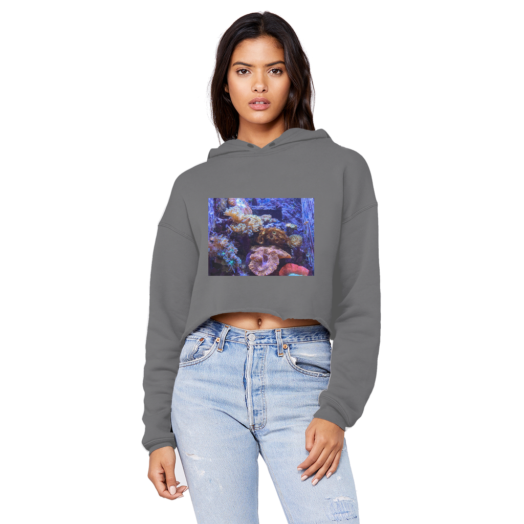 Aquarium Unisex Cropped Raw Edge Boyfriend Hoodie in a stylish design, featuring a raw edge hem and double fabric hood.