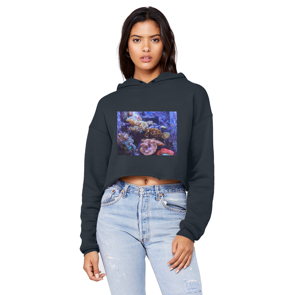 Aquarium Unisex Cropped Raw Edge Boyfriend Hoodie in a stylish design, featuring a raw edge hem and double fabric hood.