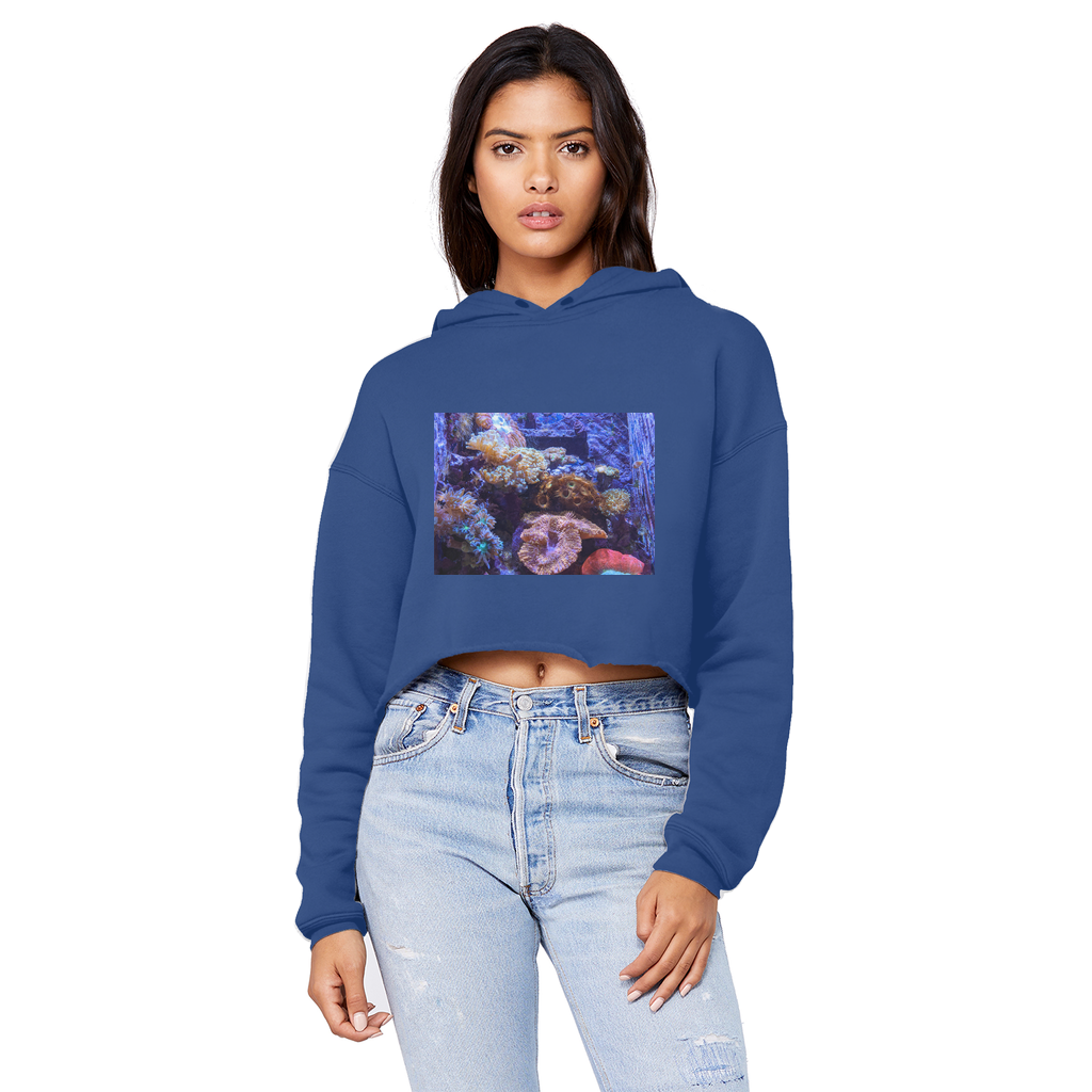 Aquarium Unisex Cropped Raw Edge Boyfriend Hoodie in a stylish design, featuring a raw edge hem and double fabric hood.