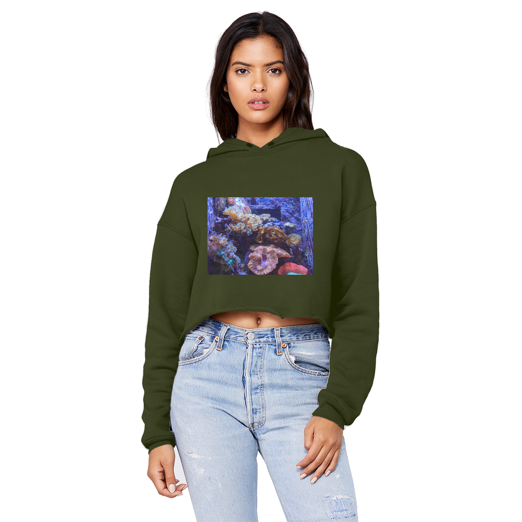 Aquarium Unisex Cropped Raw Edge Boyfriend Hoodie in a stylish design, featuring a raw edge hem and double fabric hood.