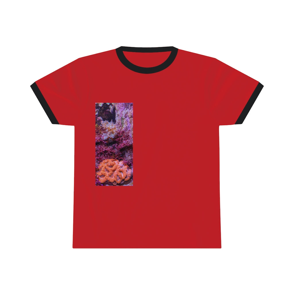 Aquarium Unisex Ringer Tee showcasing vibrant colors and a classic design, perfect for summer wear.