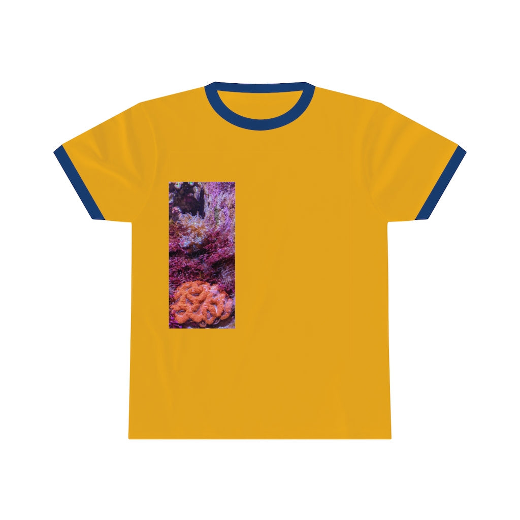 Aquarium Unisex Ringer Tee showcasing vibrant colors and a classic design, perfect for summer wear.