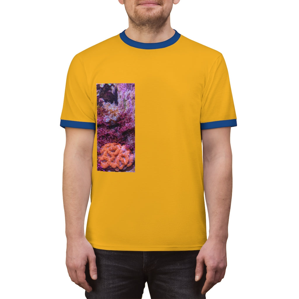 Aquarium Unisex Ringer Tee showcasing vibrant colors and a classic design, perfect for summer wear.