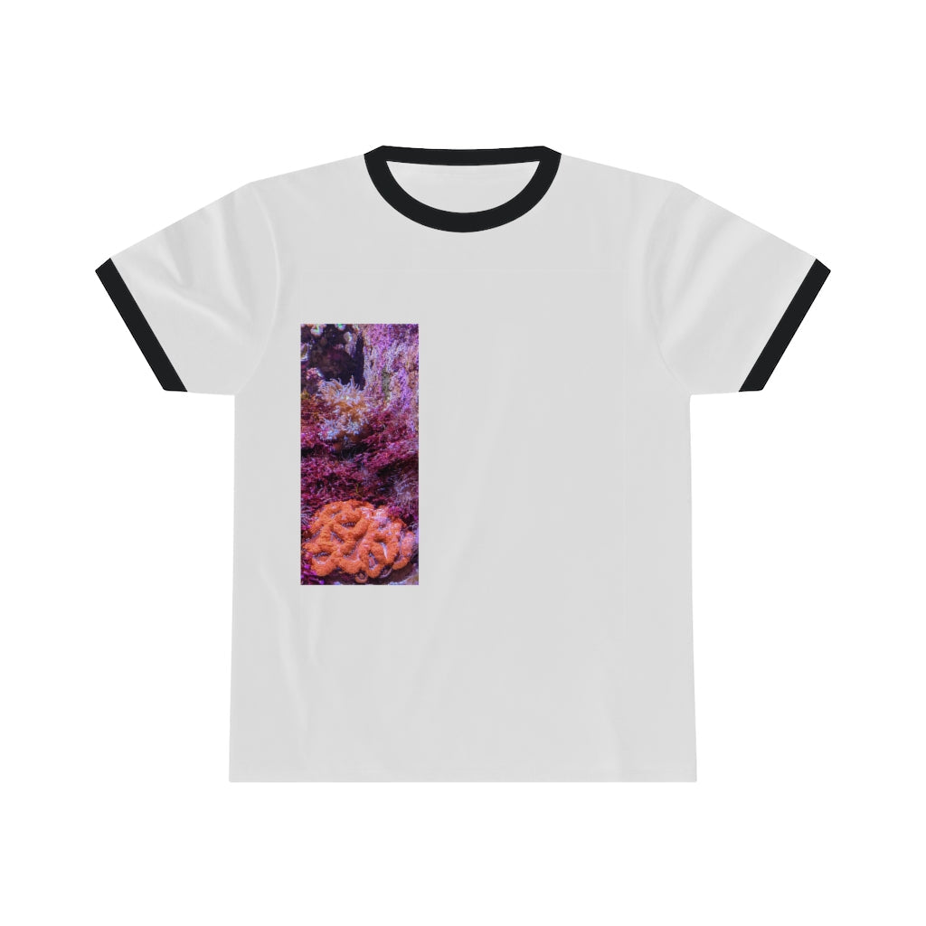 Aquarium Unisex Ringer Tee showcasing vibrant colors and a classic design, perfect for summer wear.