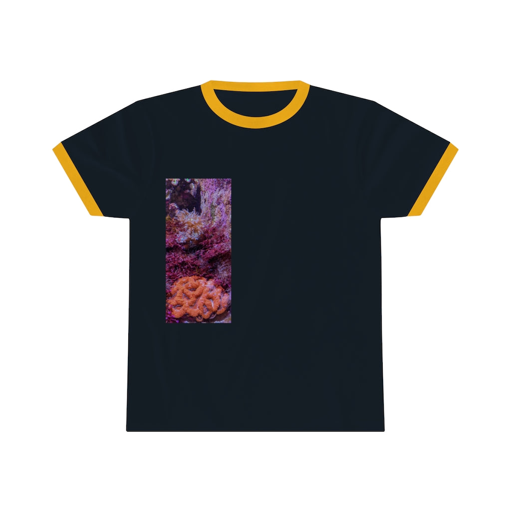 Aquarium Unisex Ringer Tee showcasing vibrant colors and a classic design, perfect for summer wear.