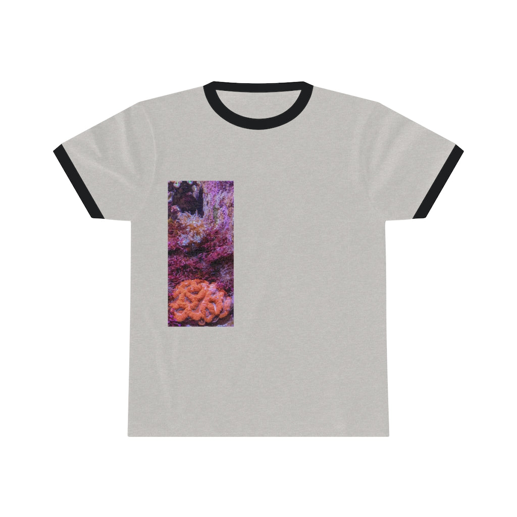 Aquarium Unisex Ringer Tee showcasing vibrant colors and a classic design, perfect for summer wear.