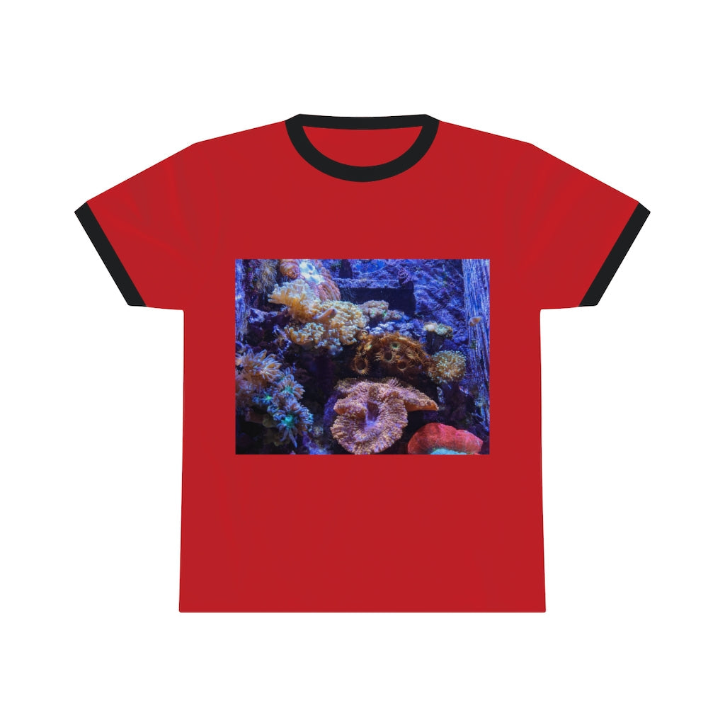 Aquarium Unisex Ringer Tee featuring a stylish design with contrasting neckline, available in multiple colors.