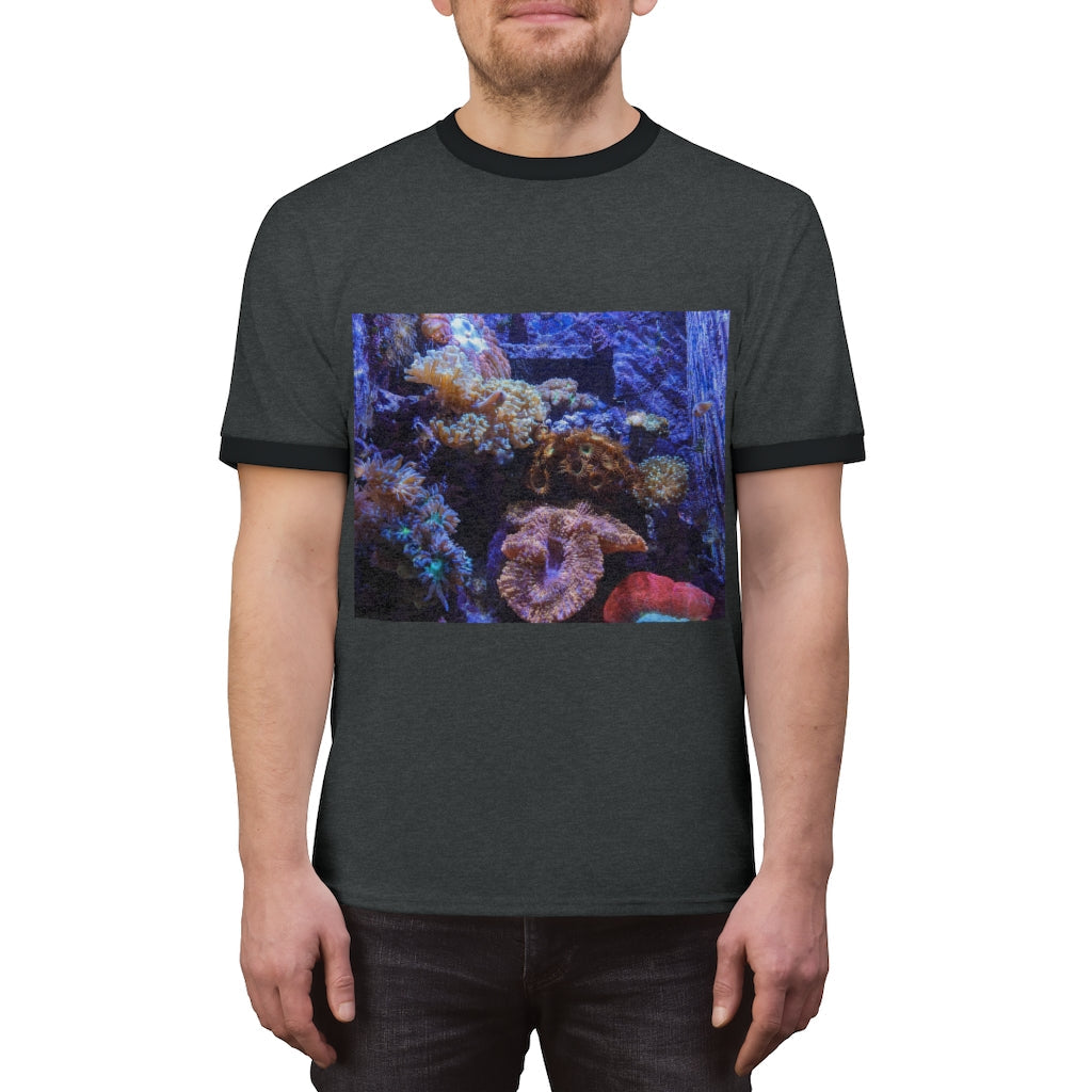 Aquarium Unisex Ringer Tee featuring a stylish design with contrasting neckline, available in multiple colors.