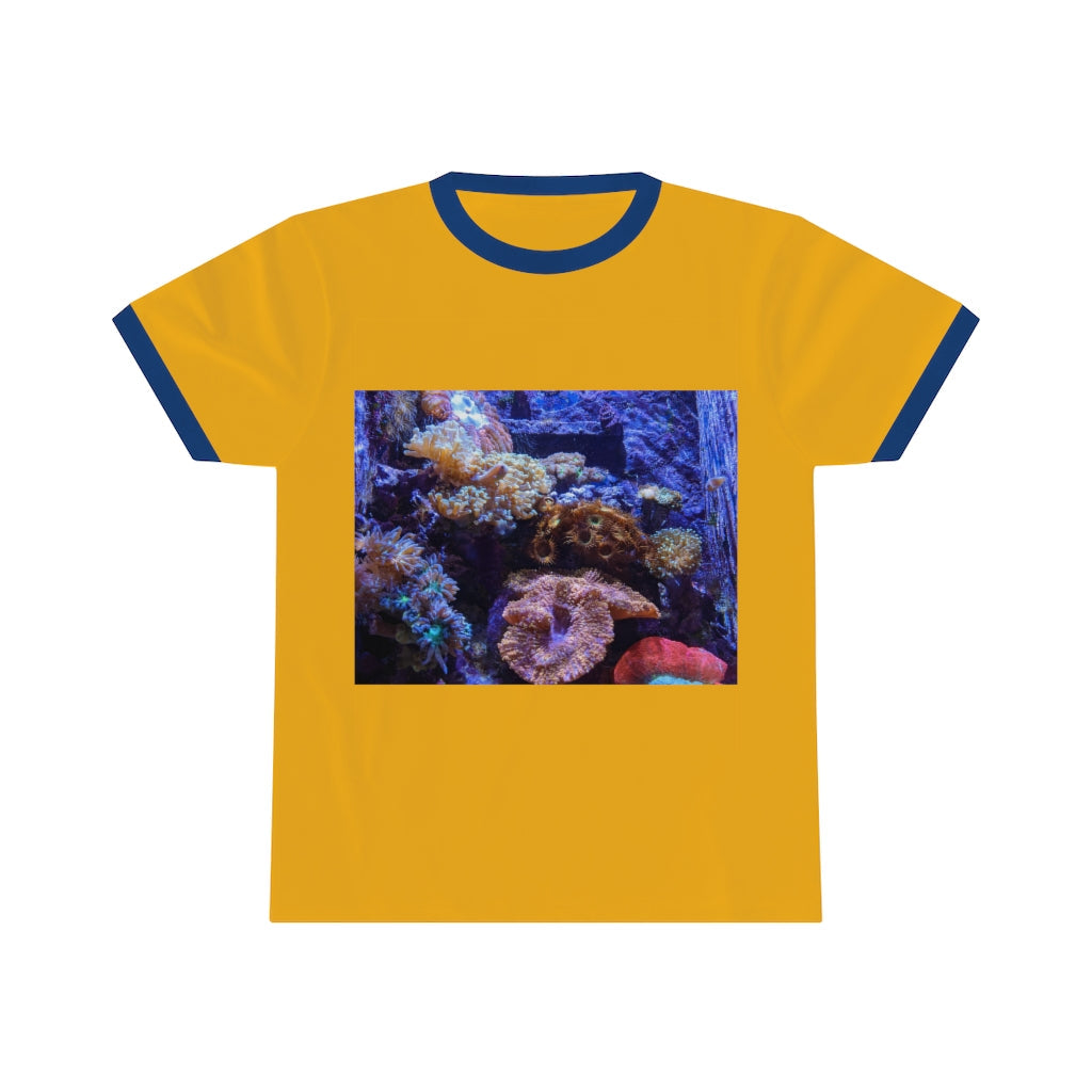 Aquarium Unisex Ringer Tee featuring a stylish design with contrasting neckline, available in multiple colors.