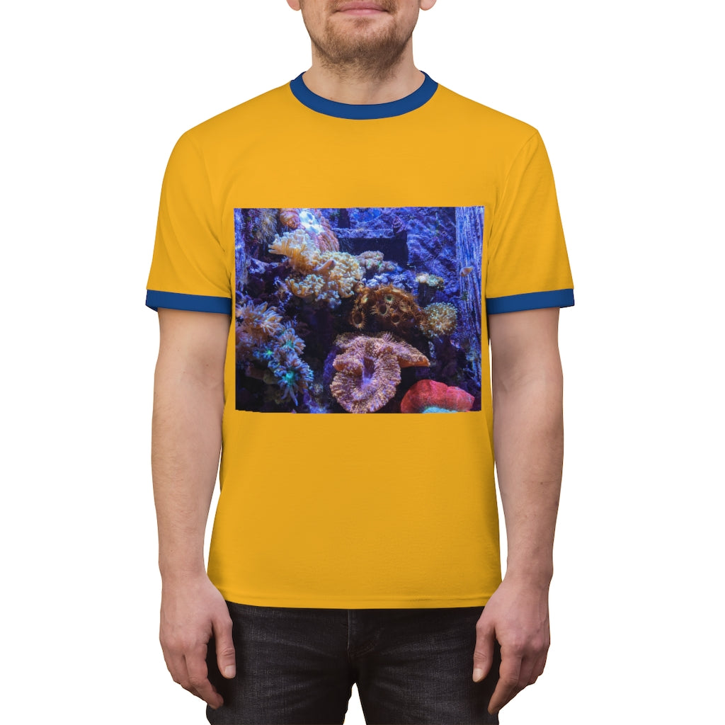 Aquarium Unisex Ringer Tee featuring a stylish design with contrasting neckline, available in multiple colors.