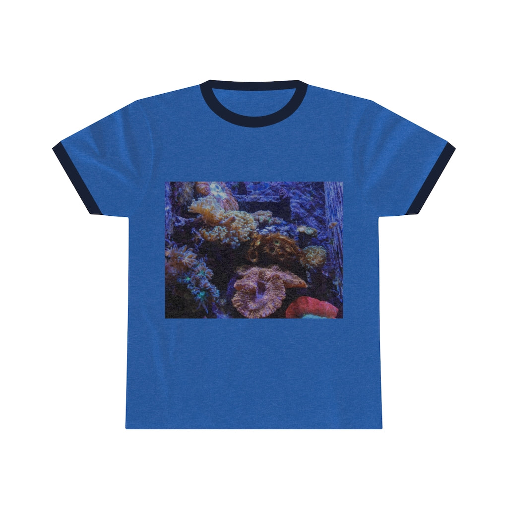 Aquarium Unisex Ringer Tee featuring a stylish design with contrasting neckline, available in multiple colors.