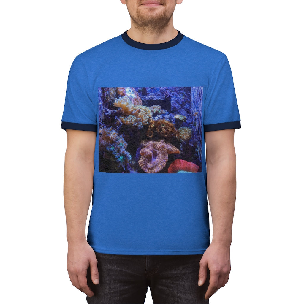 Aquarium Unisex Ringer Tee featuring a stylish design with contrasting neckline, available in multiple colors.