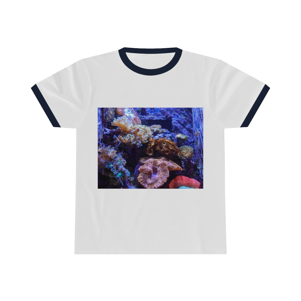 Aquarium Unisex Ringer Tee featuring a stylish design with contrasting neckline, available in multiple colors.