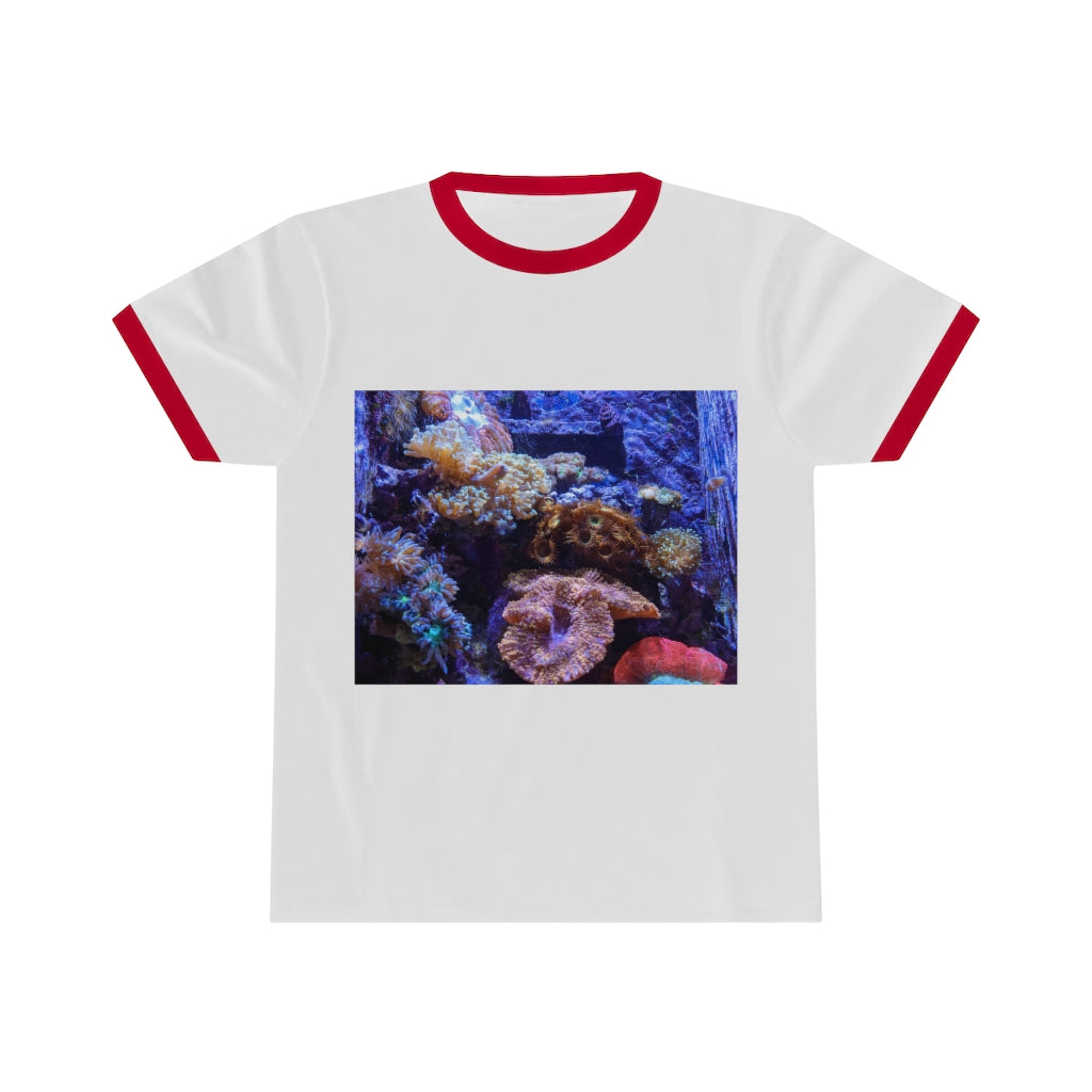 Aquarium Unisex Ringer Tee featuring a stylish design with contrasting neckline, available in multiple colors.