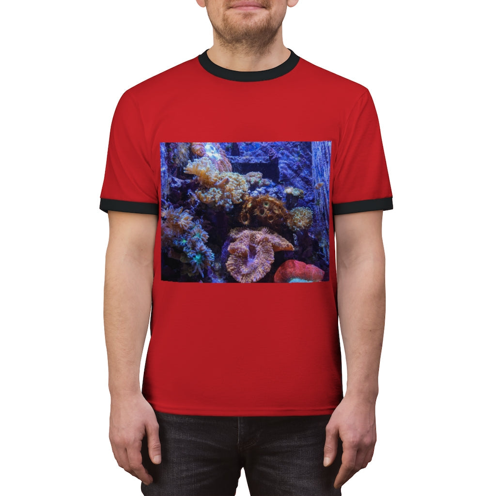 Aquarium Unisex Ringer Tee featuring a stylish design with contrasting neckline, available in multiple colors.