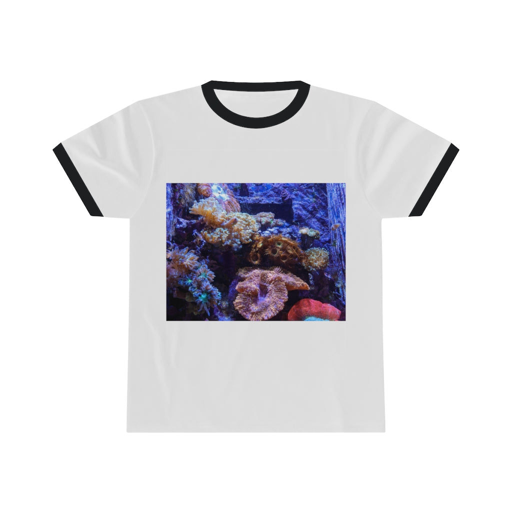 Aquarium Unisex Ringer Tee featuring a stylish design with contrasting neckline, available in multiple colors.