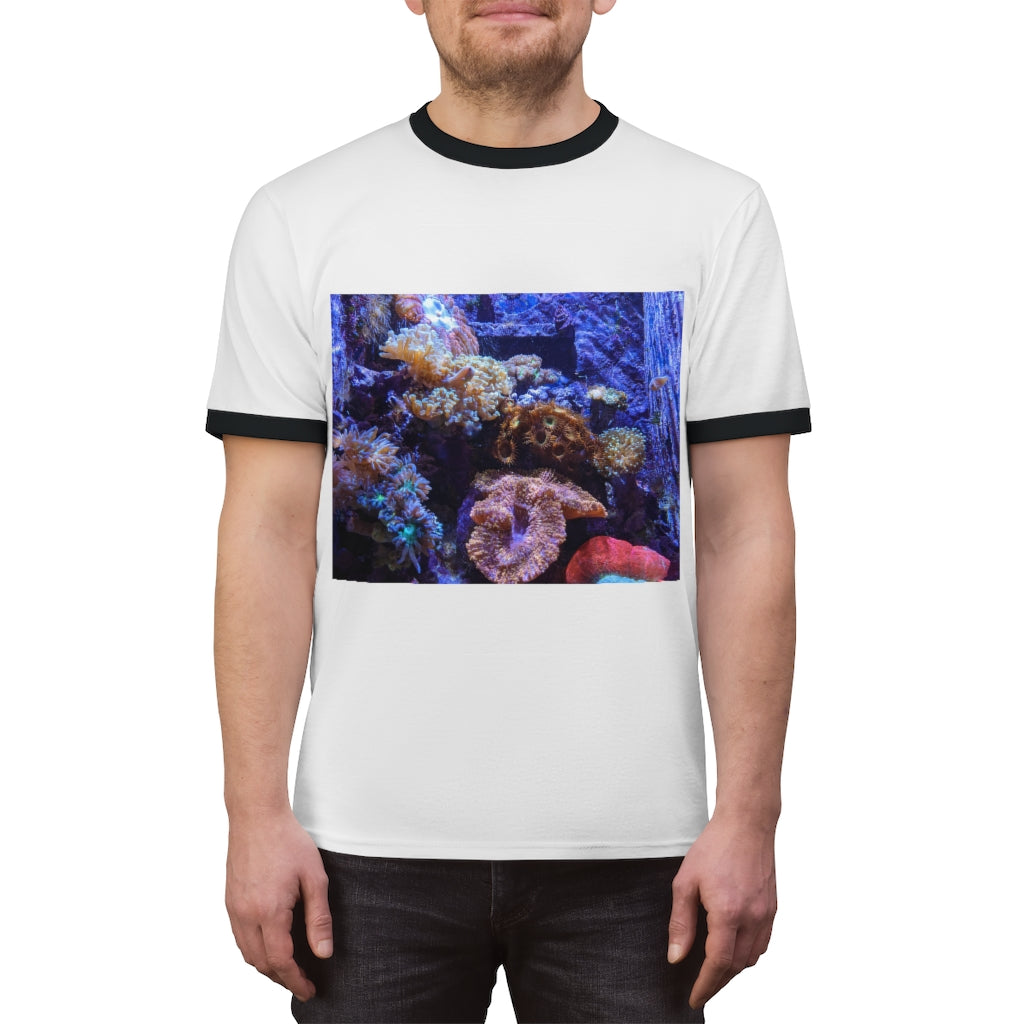 Aquarium Unisex Ringer Tee featuring a stylish design with contrasting neckline, available in multiple colors.