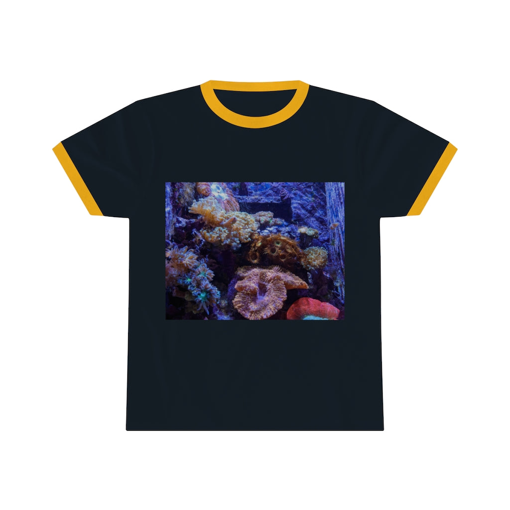 Aquarium Unisex Ringer Tee featuring a stylish design with contrasting neckline, available in multiple colors.