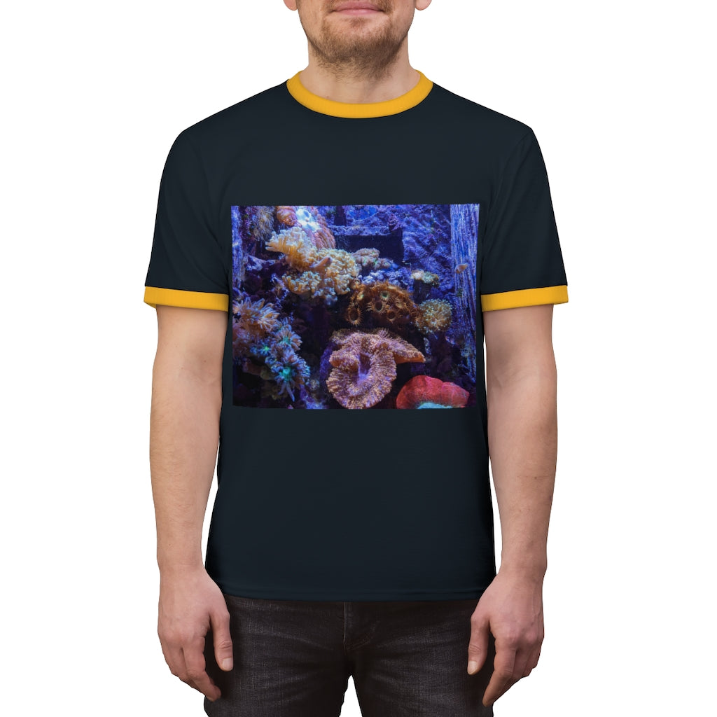 Aquarium Unisex Ringer Tee featuring a stylish design with contrasting neckline, available in multiple colors.