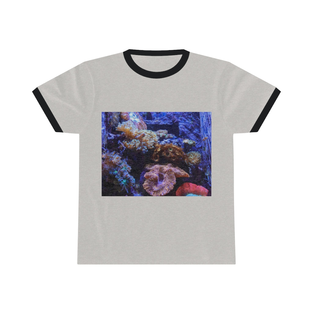 Aquarium Unisex Ringer Tee featuring a stylish design with contrasting neckline, available in multiple colors.