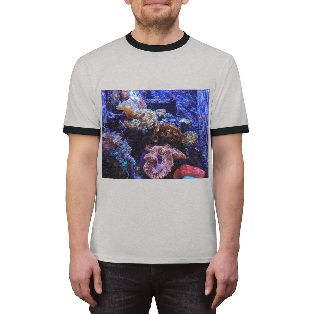 Aquarium Unisex Ringer Tee featuring a stylish design with contrasting neckline, available in multiple colors.