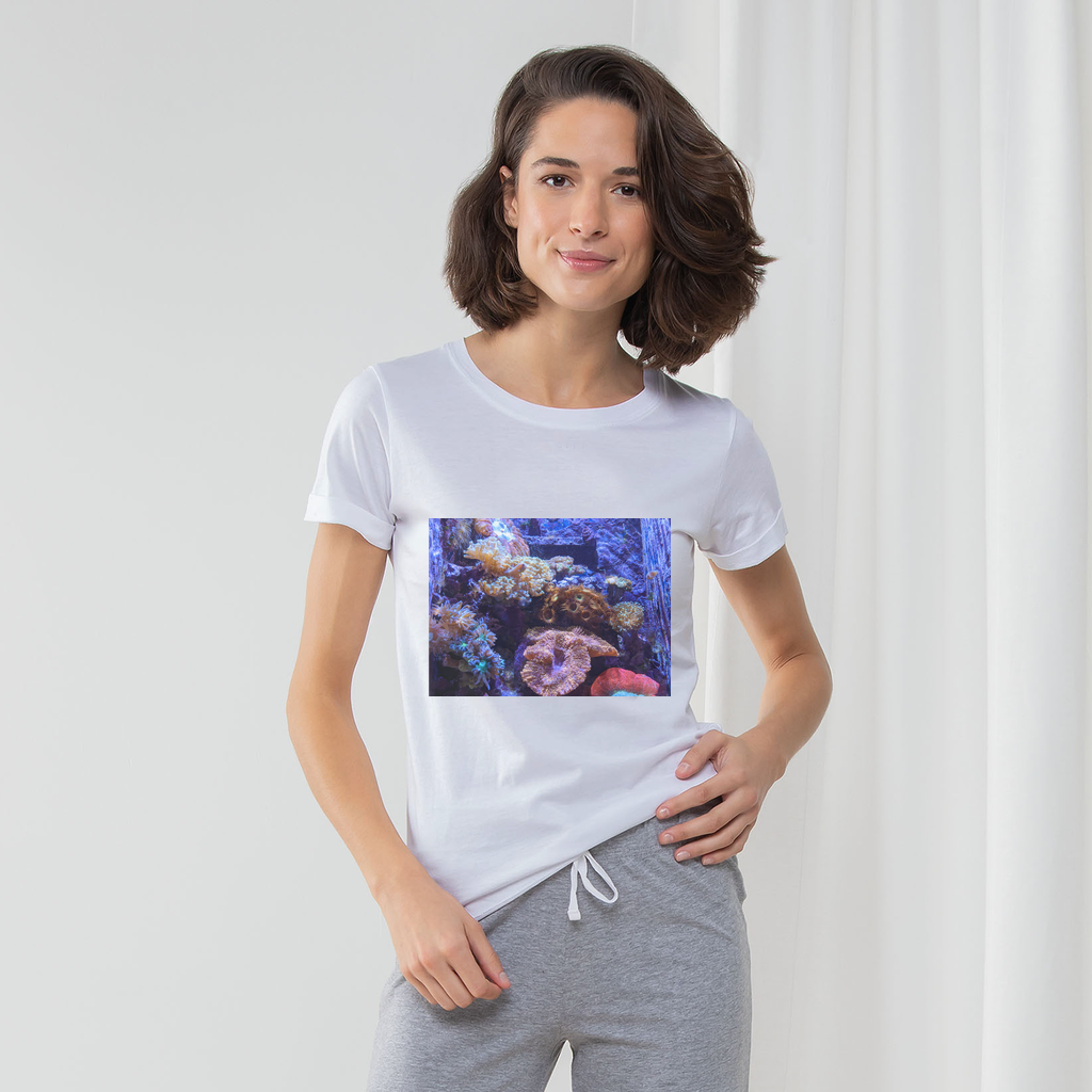 Aquarium Women's Long Pant Pyjama Set featuring a white t-shirt, striped pants, and a matching drawcord bag, perfect for comfortable lounging.