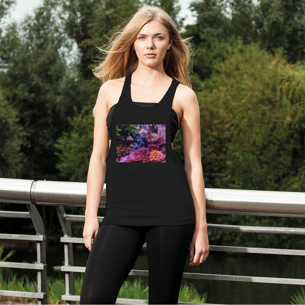 Aquarium Women's Loose Racerback Tank Top in light grey, featuring a wide crew neck and extra-deep armholes for a comfortable fit.