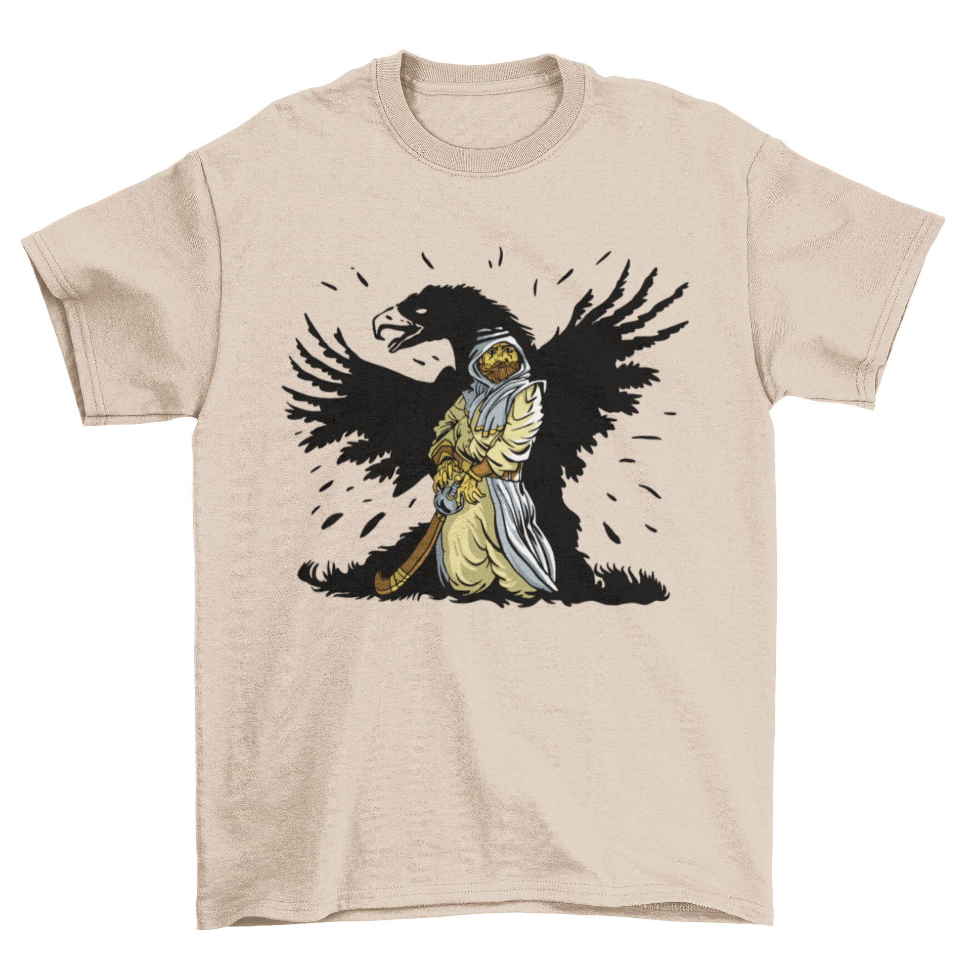 Arab eagle t-shirt featuring an Arab person with an eagle shadow design, showcasing cultural heritage and style.