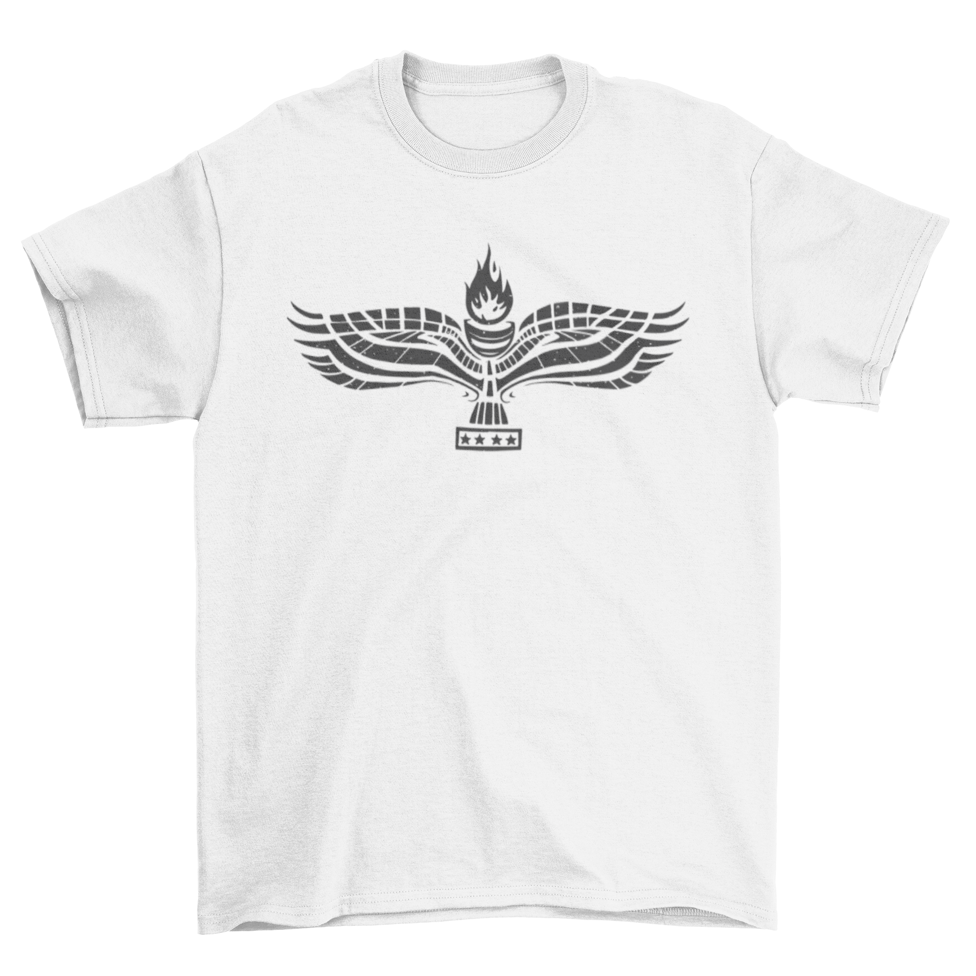 A stylish black and white t-shirt featuring the Aramean flag design, showcasing cultural pride.