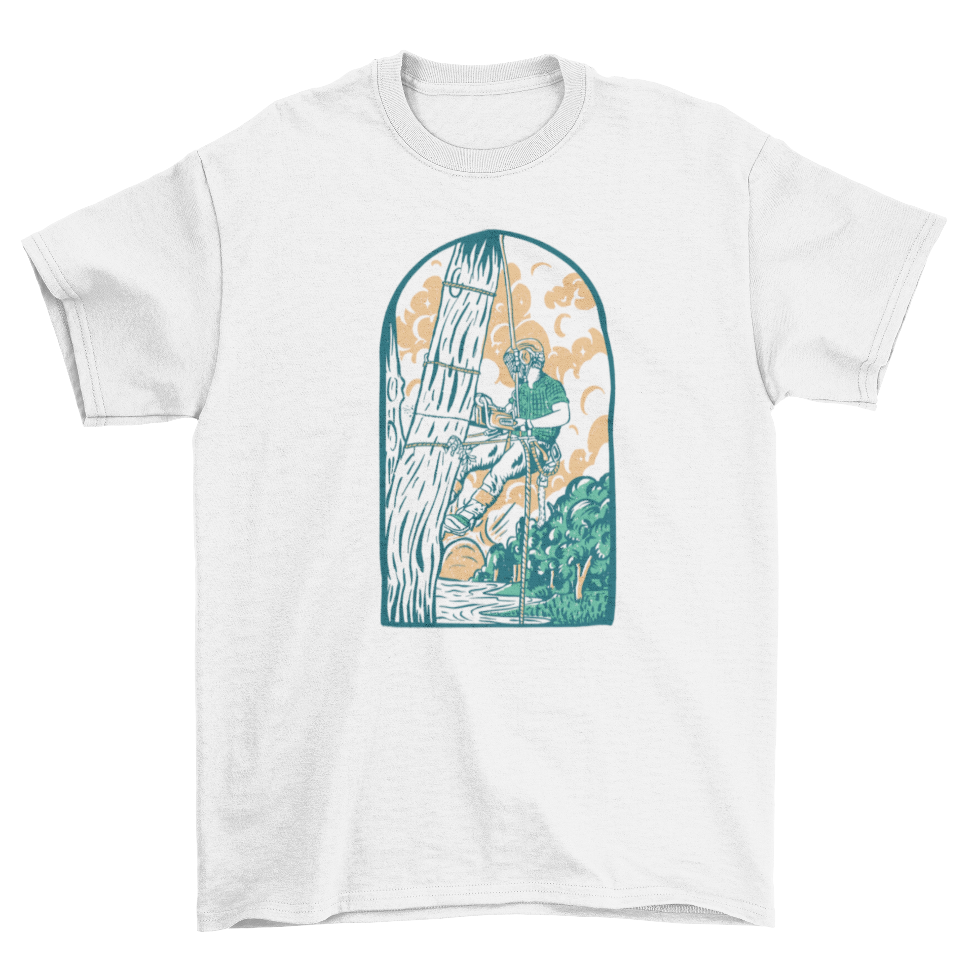 A stylish Arborist t-shirt featuring a graphic of an arborist cutting a tree, perfect for tree care professionals.