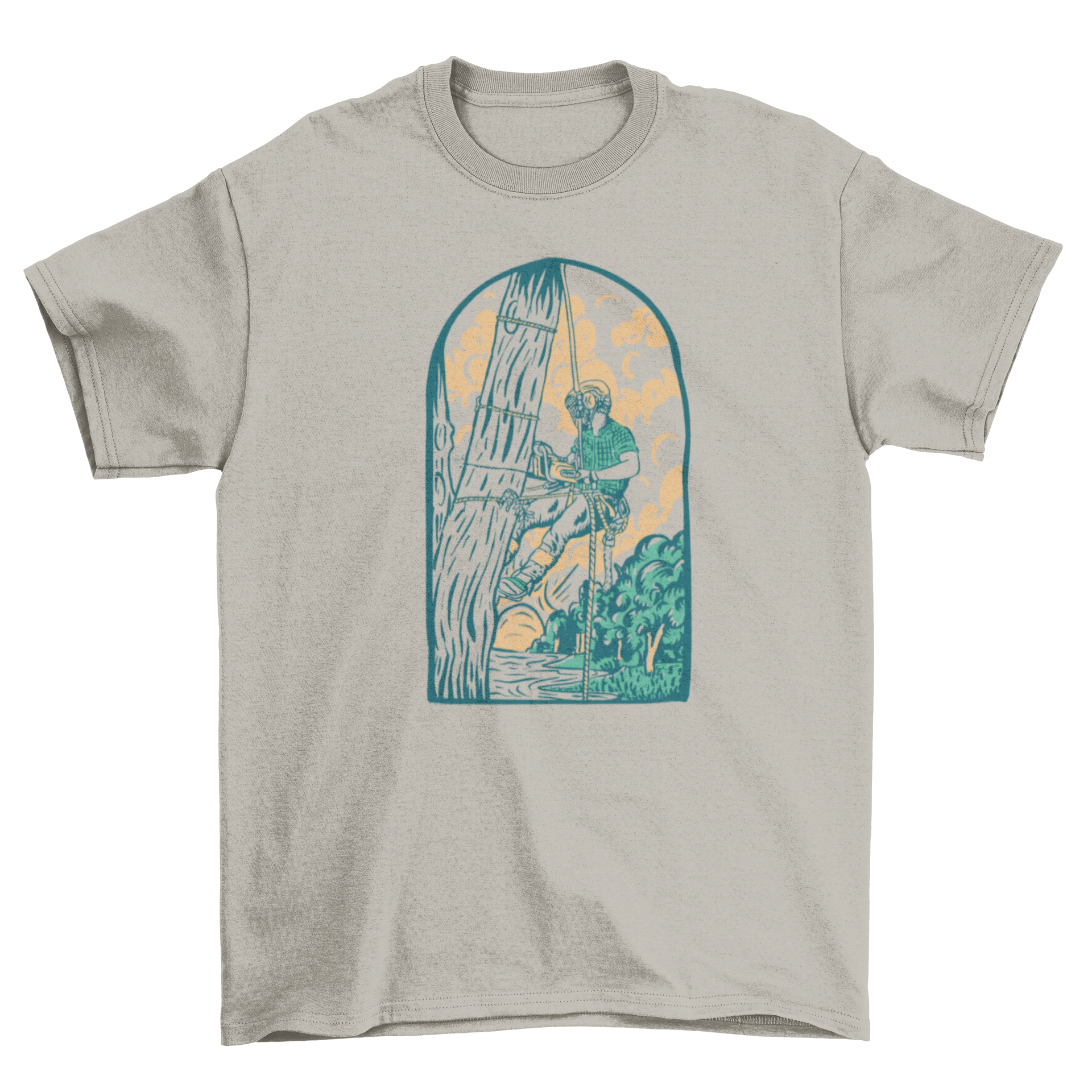 A stylish Arborist t-shirt featuring a graphic of an arborist cutting a tree, perfect for tree care professionals.