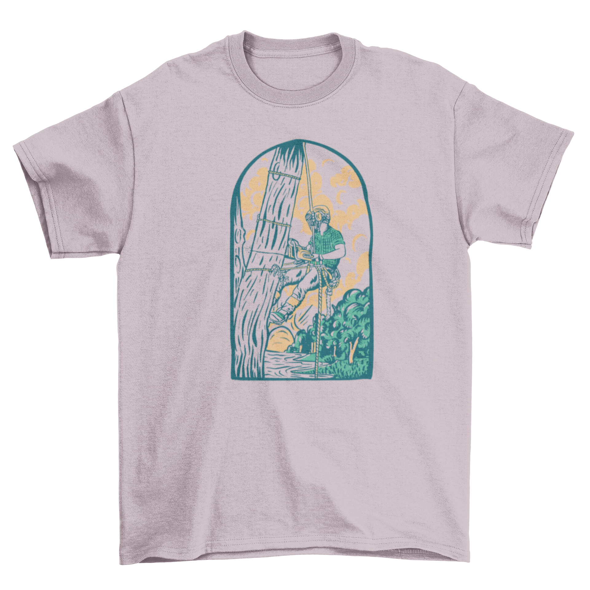 A stylish Arborist t-shirt featuring a graphic of an arborist cutting a tree, perfect for tree care professionals.