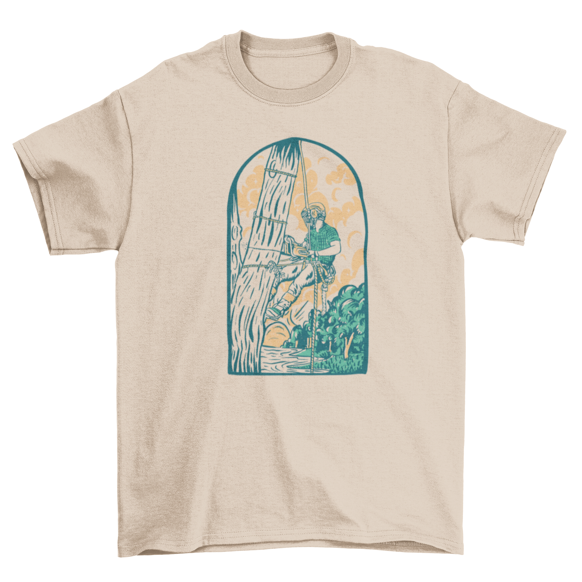 A stylish Arborist t-shirt featuring a graphic of an arborist cutting a tree, perfect for tree care professionals.