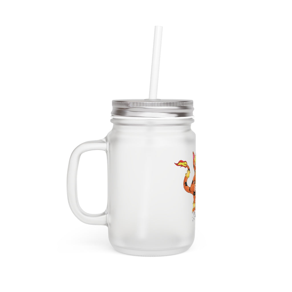 A stylish Arcadane Mason Jar made of frosted glass, featuring a straw and lid, perfect for personalized drinks.