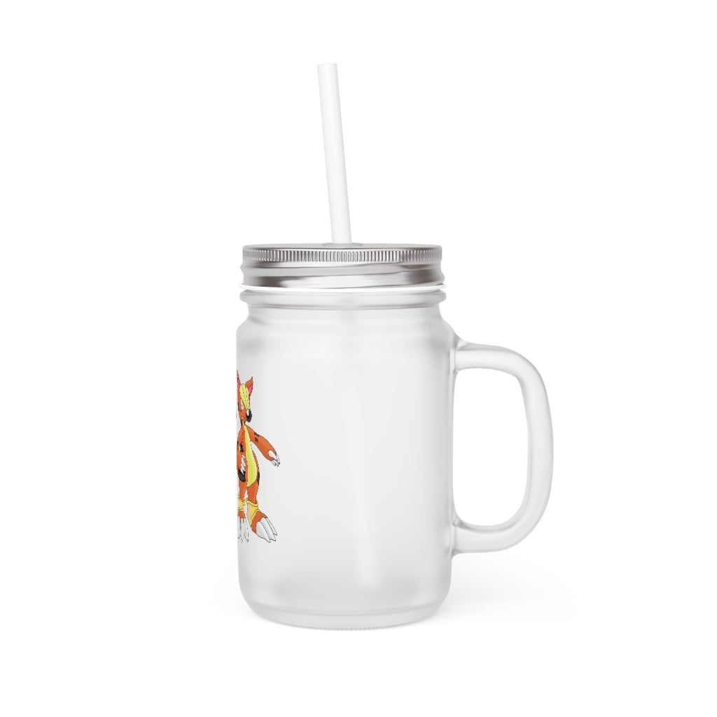 A stylish Arcadane Mason Jar made of frosted glass, featuring a straw and lid, perfect for personalized drinks.