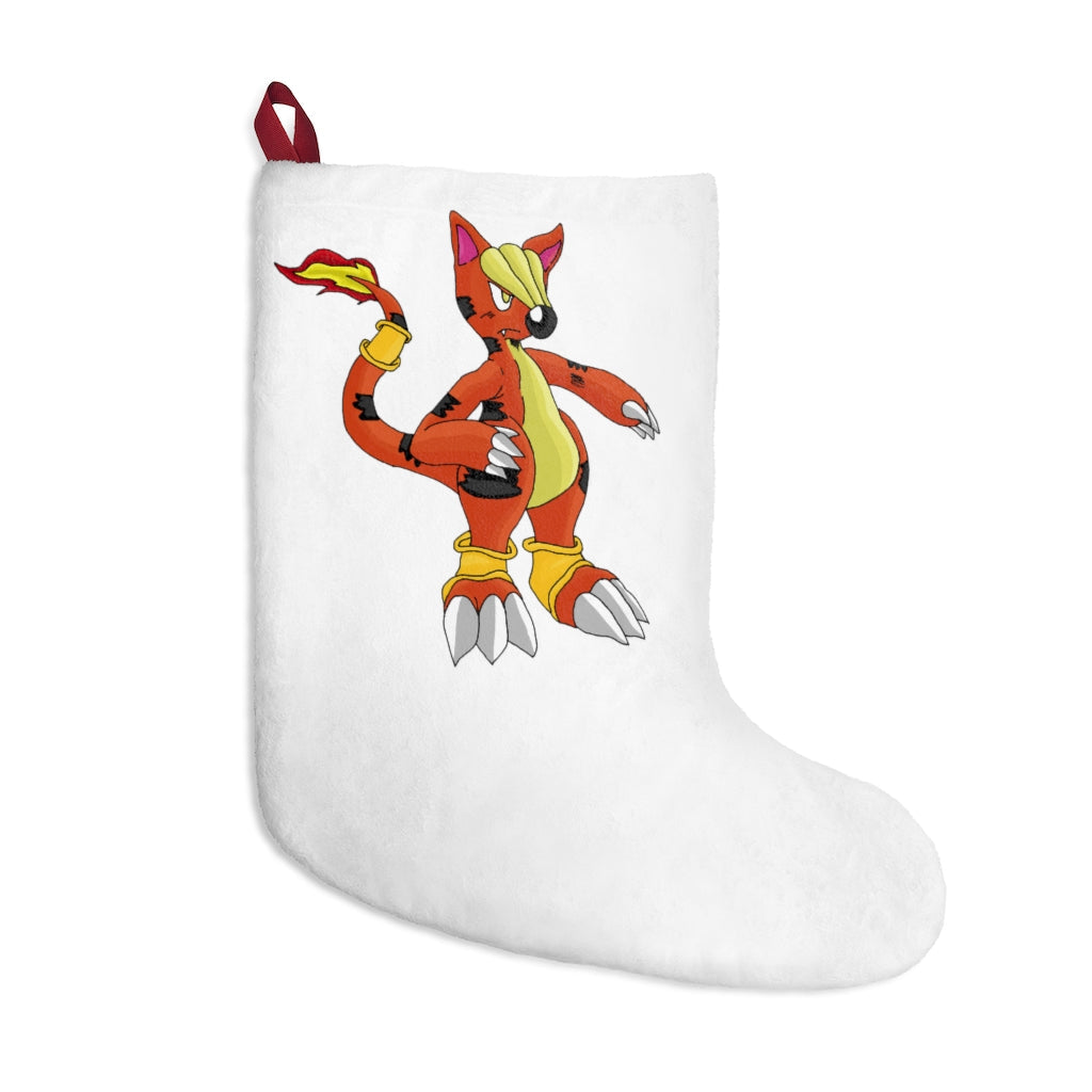 Personalized Arcadash Christmas Stockings hanging by a fireplace, featuring festive designs and a soft fleece texture.