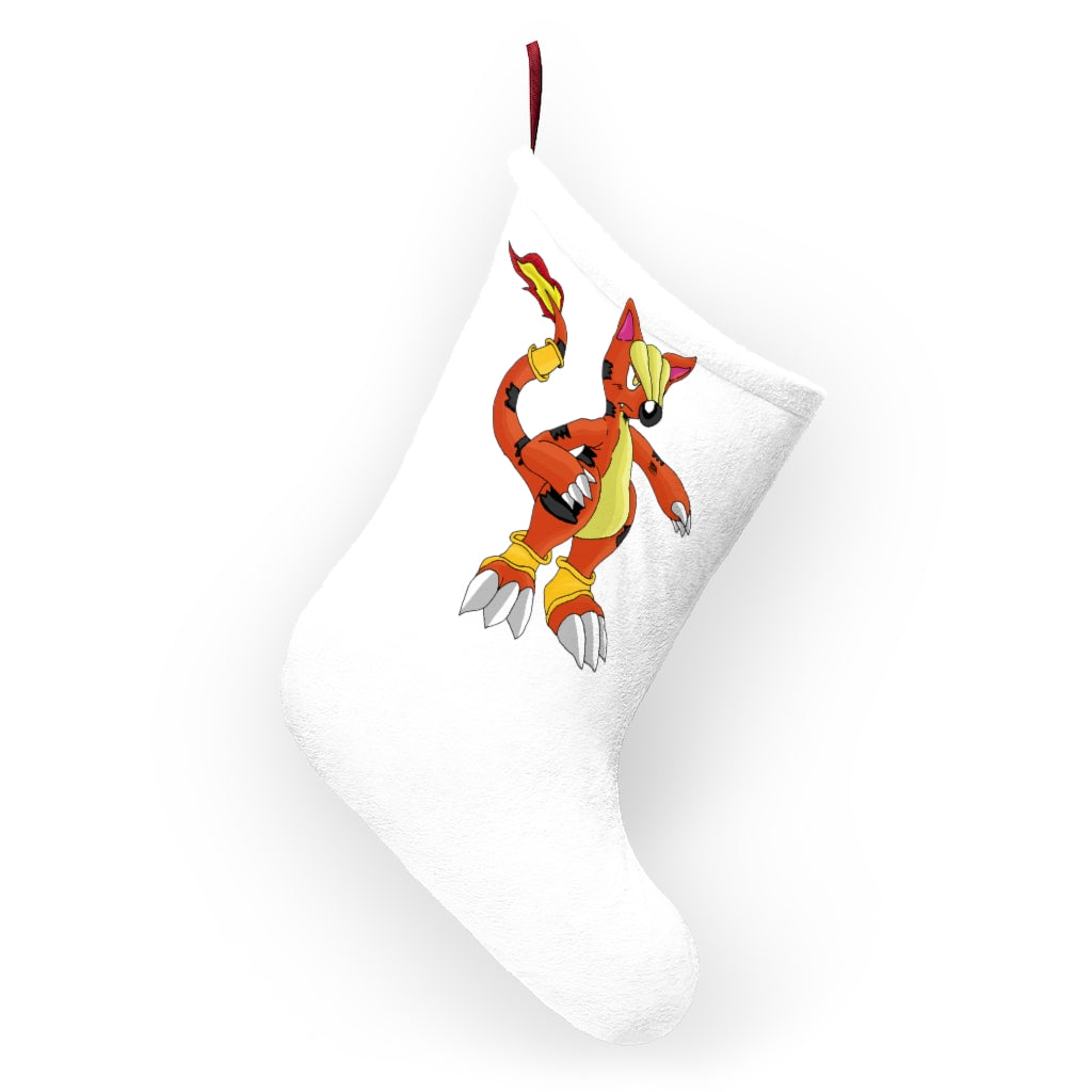 Personalized Arcadash Christmas Stockings hanging by a fireplace, featuring festive designs and a soft fleece texture.