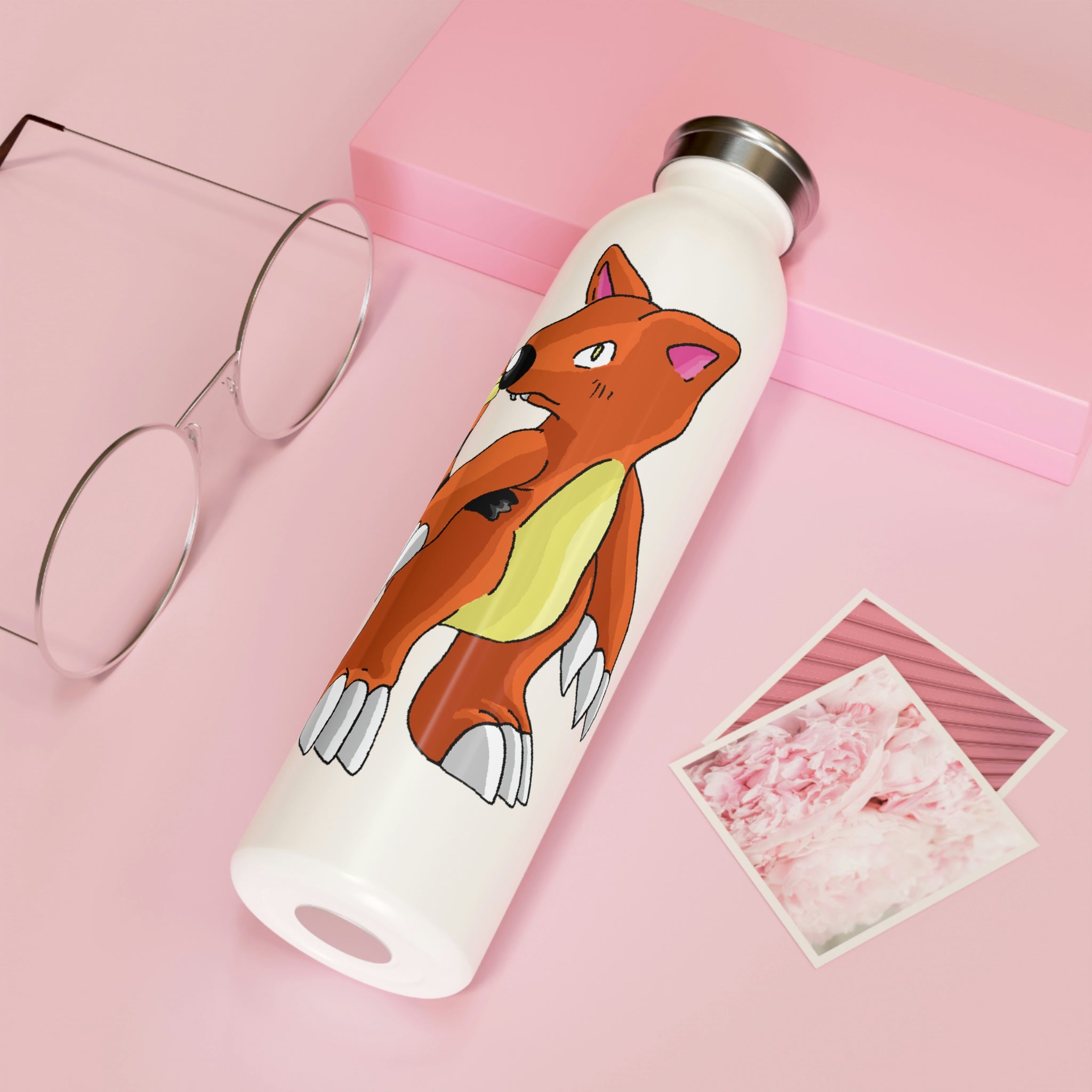 Arcadash Slim Water Bottle with customizable matte finish and silver stainless steel cap, showcasing vibrant designs.