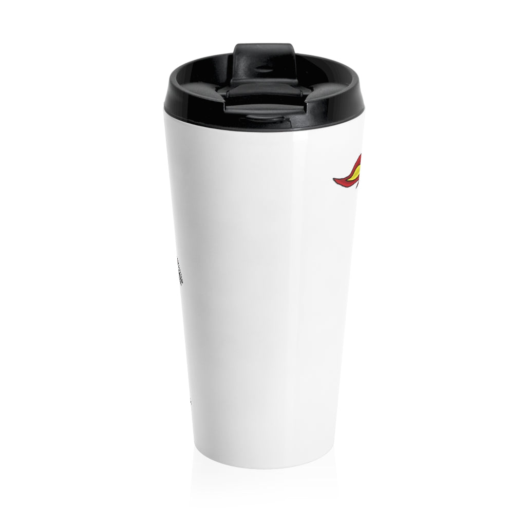 Arcadash Stainless Steel Travel Mug with black lid, showcasing its sleek design and sublimation printing.