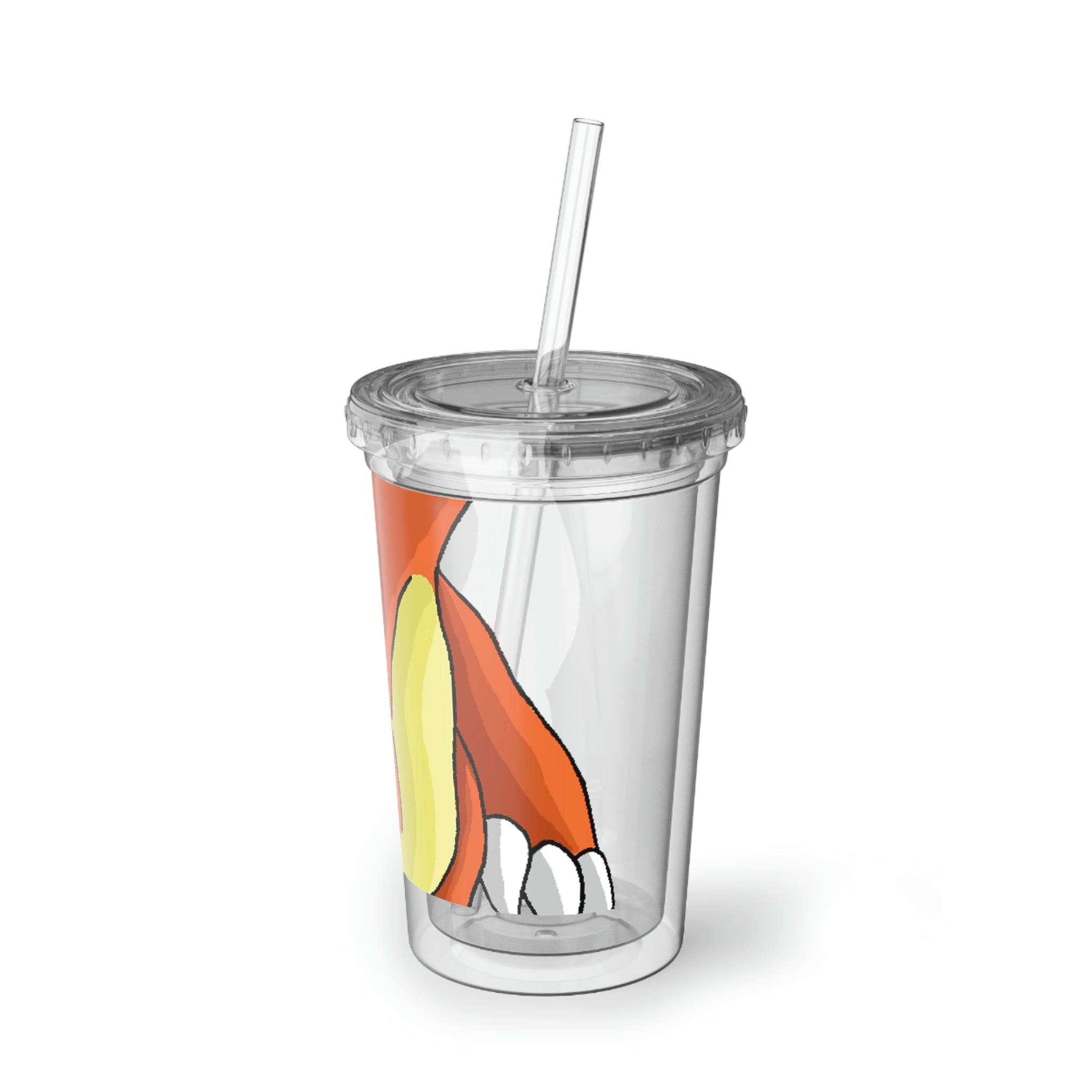 Arcadash Suave Acrylic Cup in stainless steel with a black screw-on cap and a plastic straw, showcasing a customizable design.