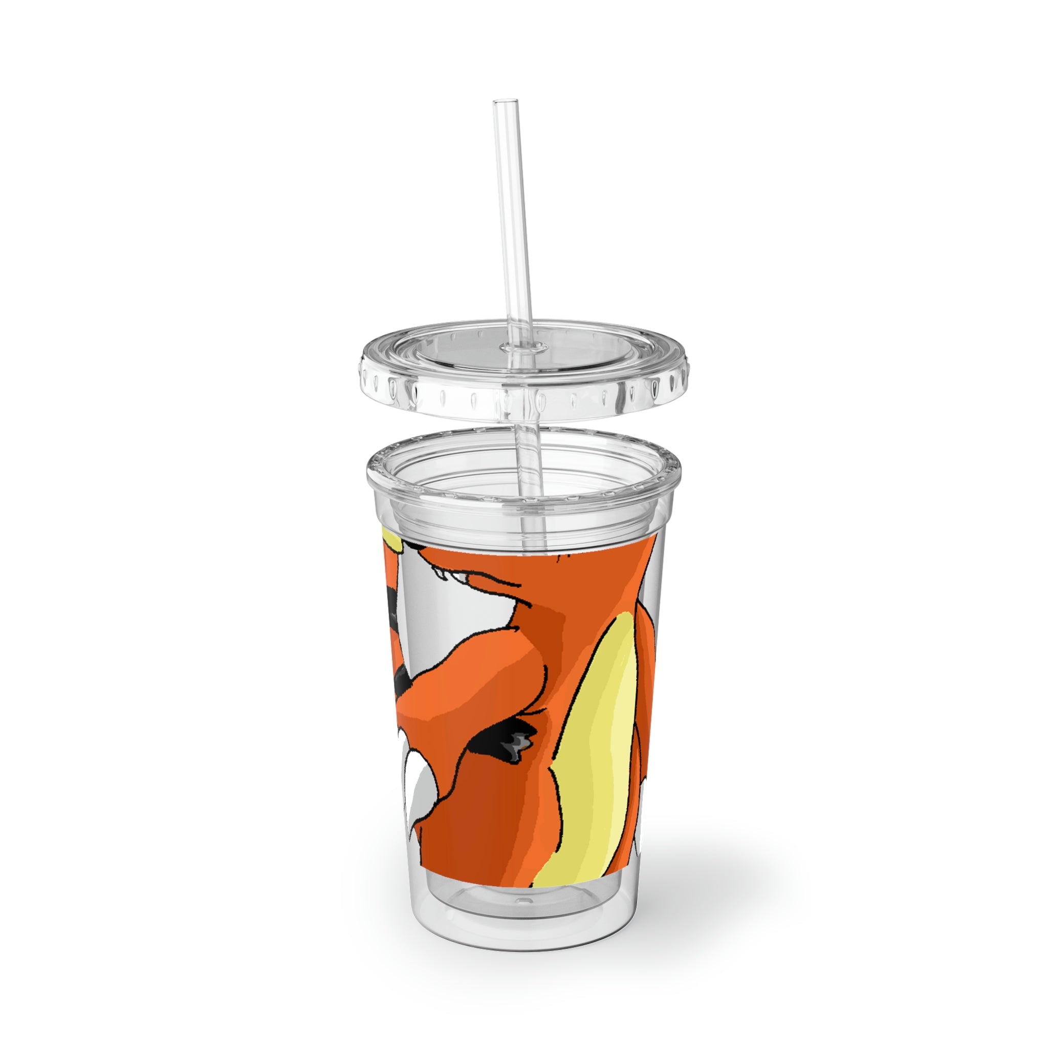 Arcadash Suave Acrylic Cup in stainless steel with a black screw-on cap and a plastic straw, showcasing a customizable design.