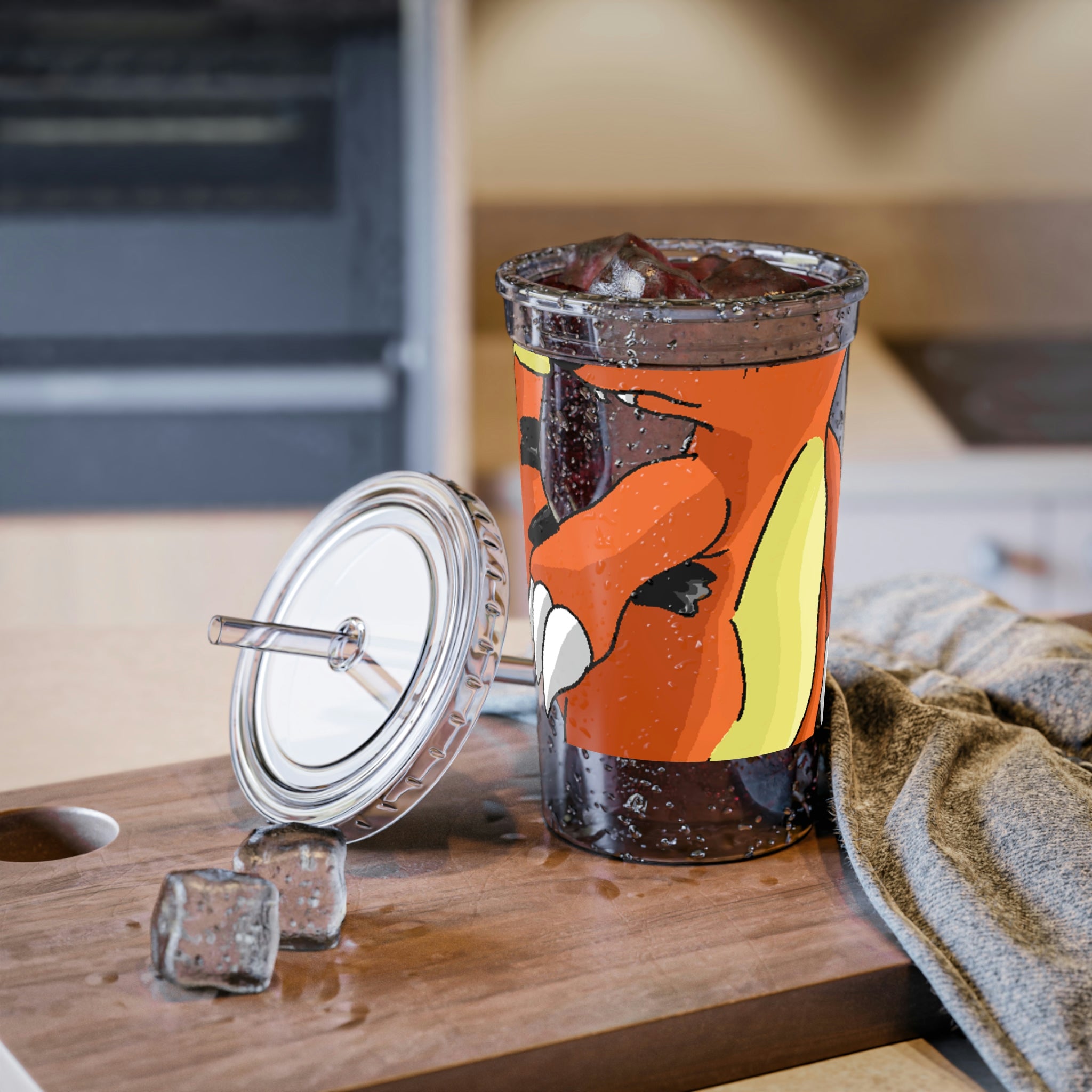 Arcadash Suave Acrylic Cup in stainless steel with a black screw-on cap and a plastic straw, showcasing a customizable design.