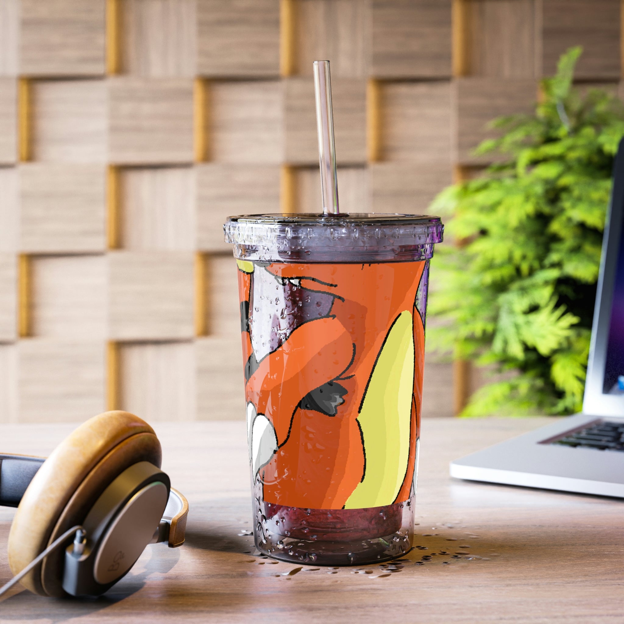 Arcadash Suave Acrylic Cup in stainless steel with a black screw-on cap and a plastic straw, showcasing a customizable design.