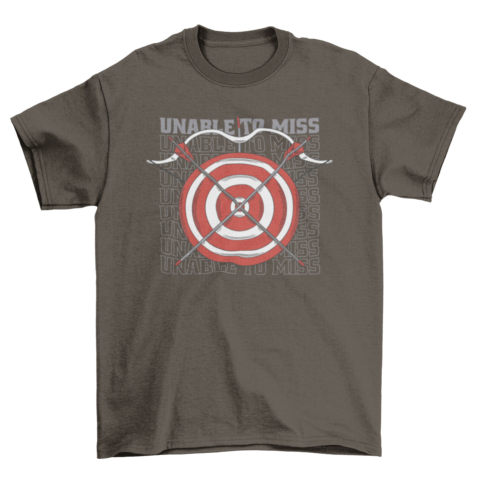 A stylish t-shirt featuring an archery target design with two arrows and the quote 'Unable to miss', perfect for archery enthusiasts.